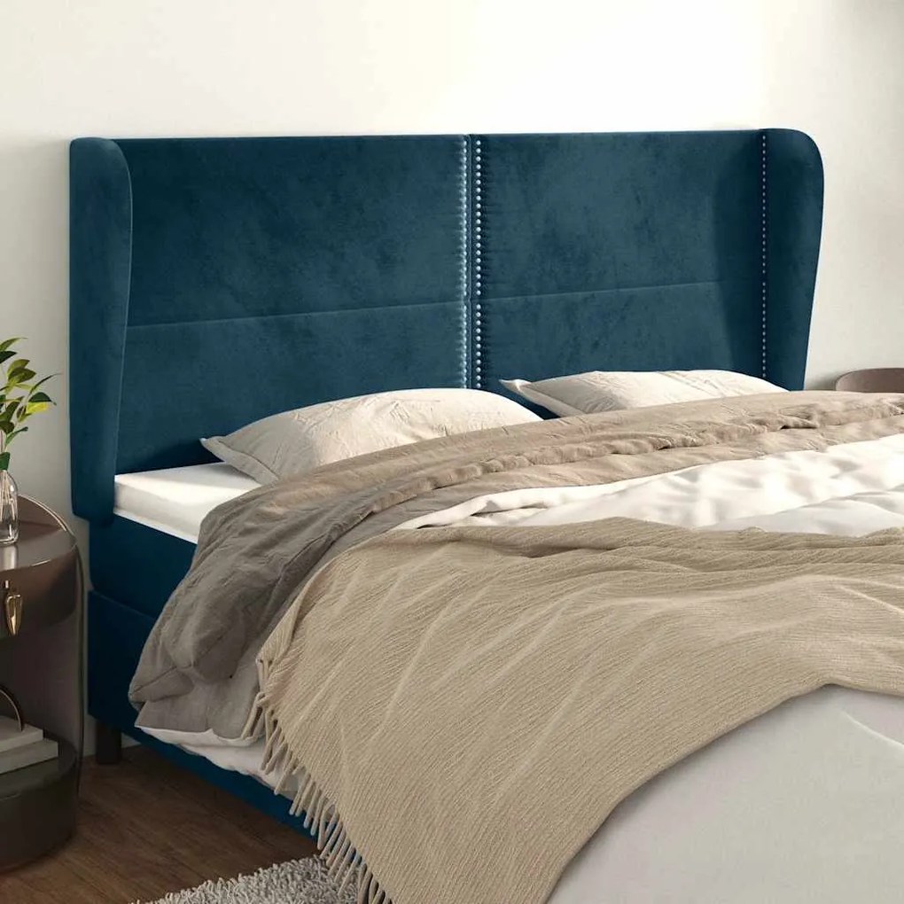 3117886 vidaXL Горна табла за легло с уши, тъмносиня, 203x23x118/128см, кадифе