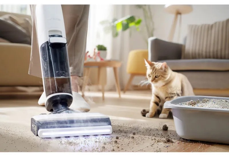 Вертикална прахосмукачка Tineco Floor One S7 Steam Plus 4В1, 240W, Сухо/Мокро, 0.7 л мръсна/0.8 л чиста, LED екран и осветление, Пара + сушене, Бял/черен