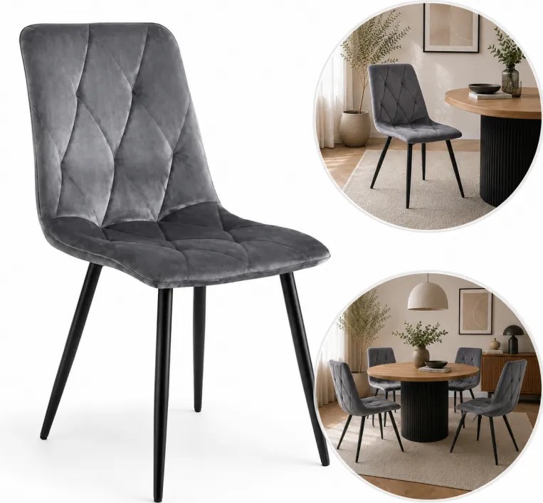 AMELI VELVET, тапициран стол за трапезария с метални крака Сив