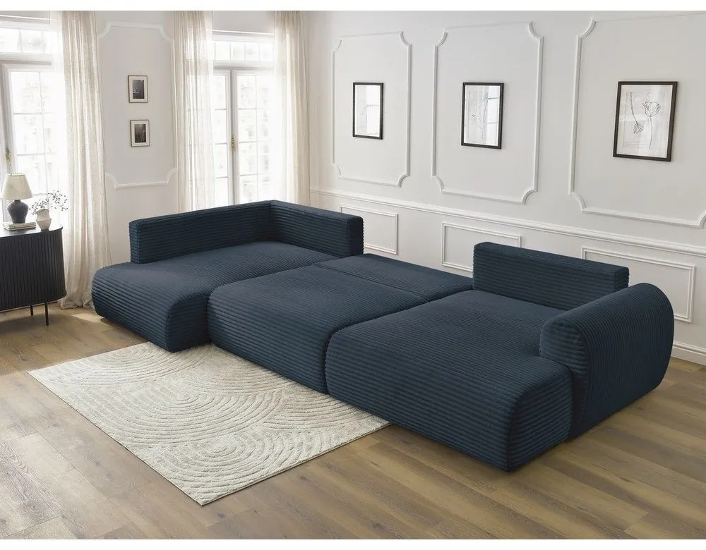 Тъмносин разтегателен ъглов диван от рипсено кадифе (десен ъгъл/"U" форма) Lucien – Bobochic Paris