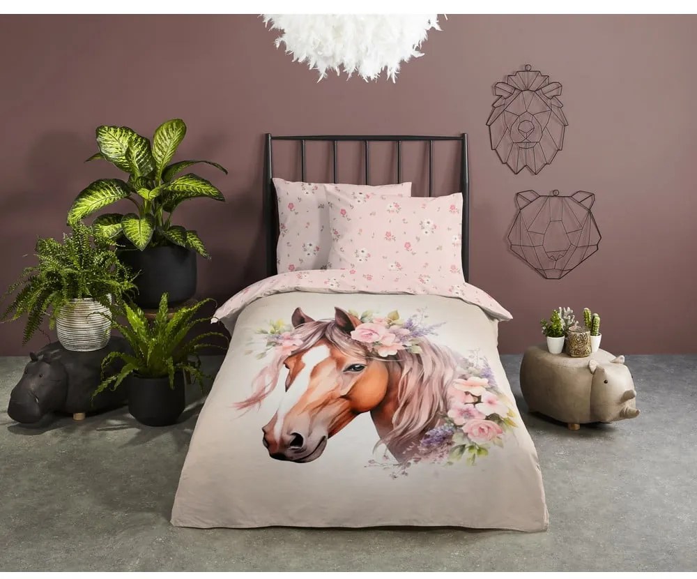 Розово-кафяво единично памучно детско спално бельо 140x200 cm Avera – Good Morning