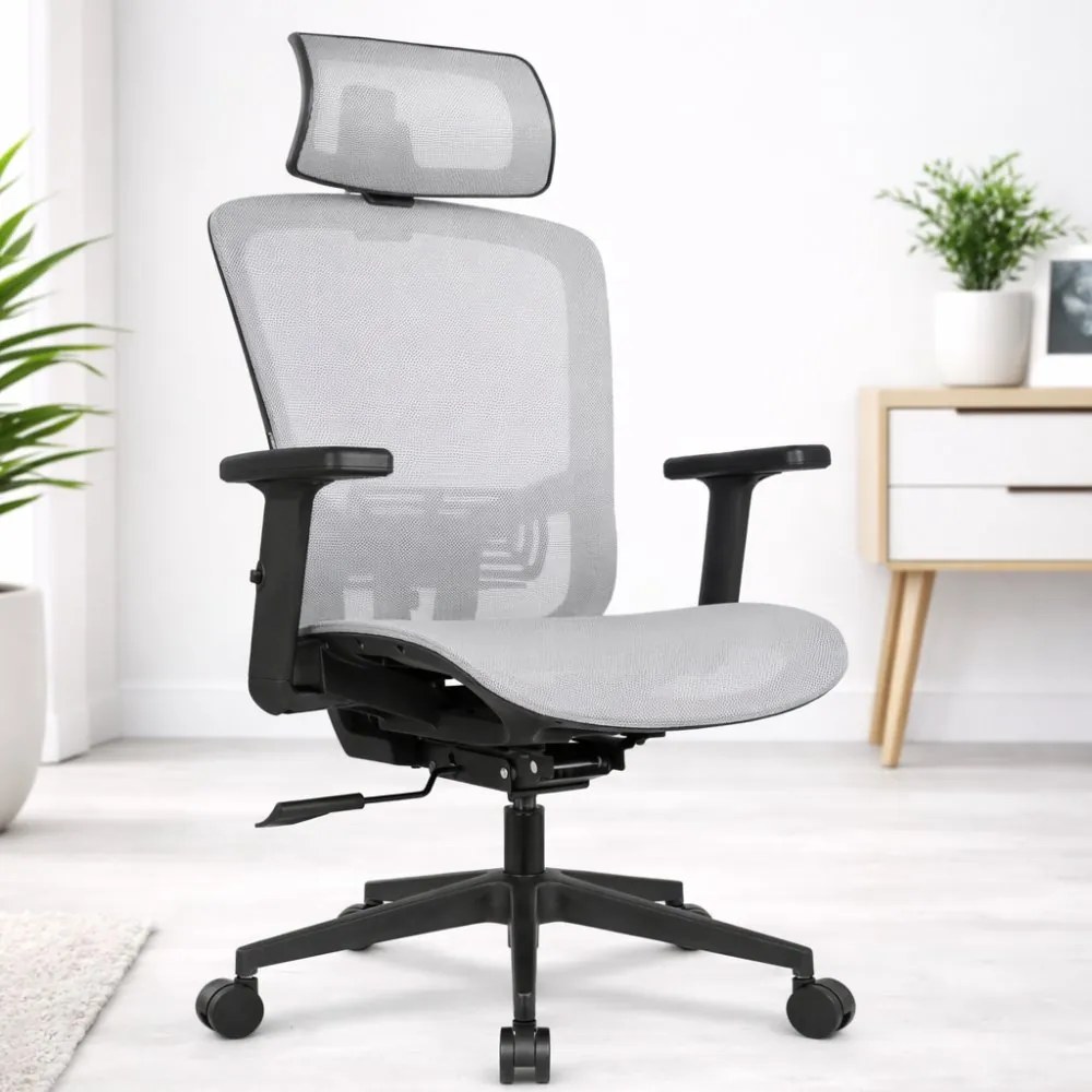 Ергономичен офис стол HC-1045 с мрежеста облегалка - сив