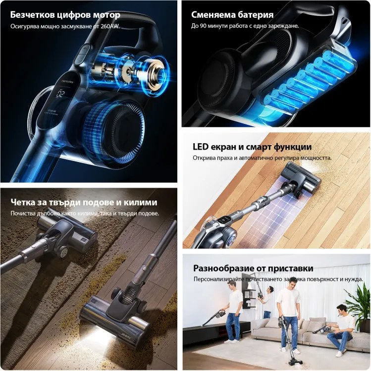 Вертикална прахосмукачка Jimmy H11 Pro, 600W, 260 AW, 0.6 л, Сензор за прах, Сгъваема, Автономност 90 минути, LED дисплей, Черен/Сив