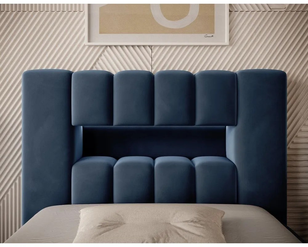 Тъмносиньо единично тапицирано легло с място за съхранение и включена подматрачна рамка 90x200 cm Lamica – ELTAP