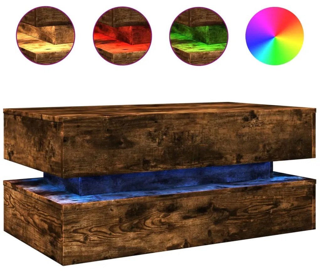 839865 vidaXL Маса за кафе с LED осветление, опушен дъб, 90x50x40 см