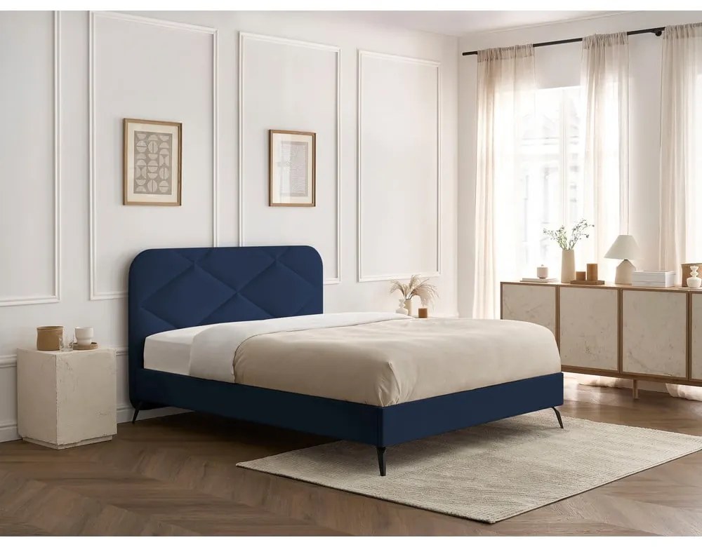 Тъмносиньо тапицирано двойно легло с включена подматрачна рамка 160x200 cm Prune – Bobochic Paris