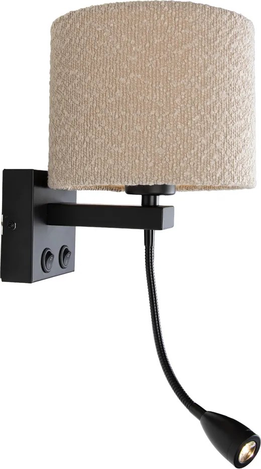 Wandlamp zwart met flexarm en kap beige van teddy stof 18cm - Brescia Combi