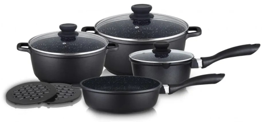Комплект тенджери, тиган и подложки ZEPHYR ZP 4318 M9, 9 части, Мраморно покритие, Индукция, Черен