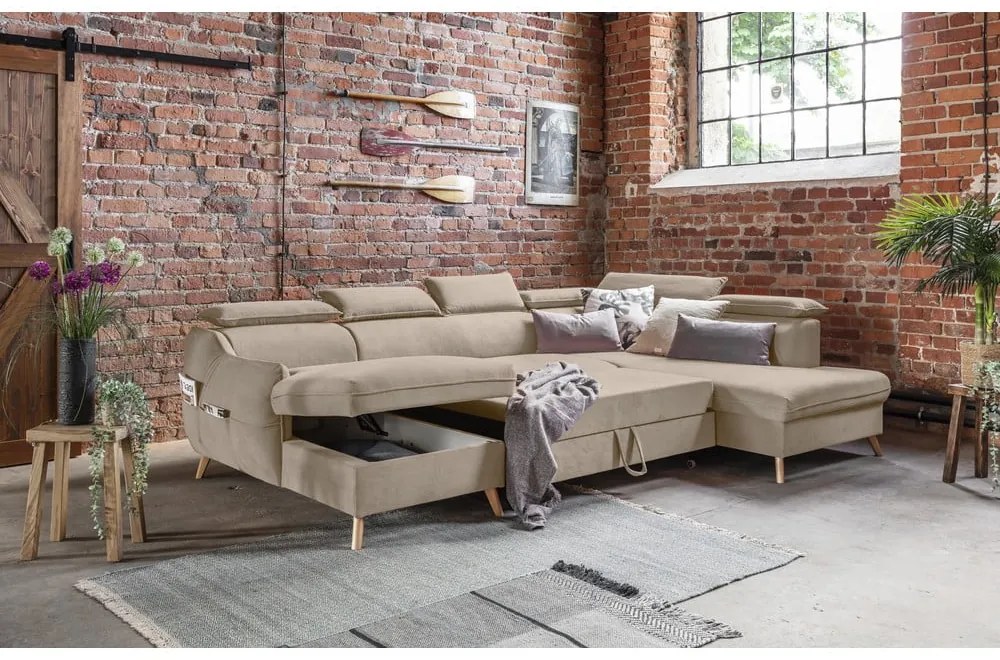 Бежов кадифен U-образен ъглов диван (десен ъгъл) Sweet Harmony - Miuform