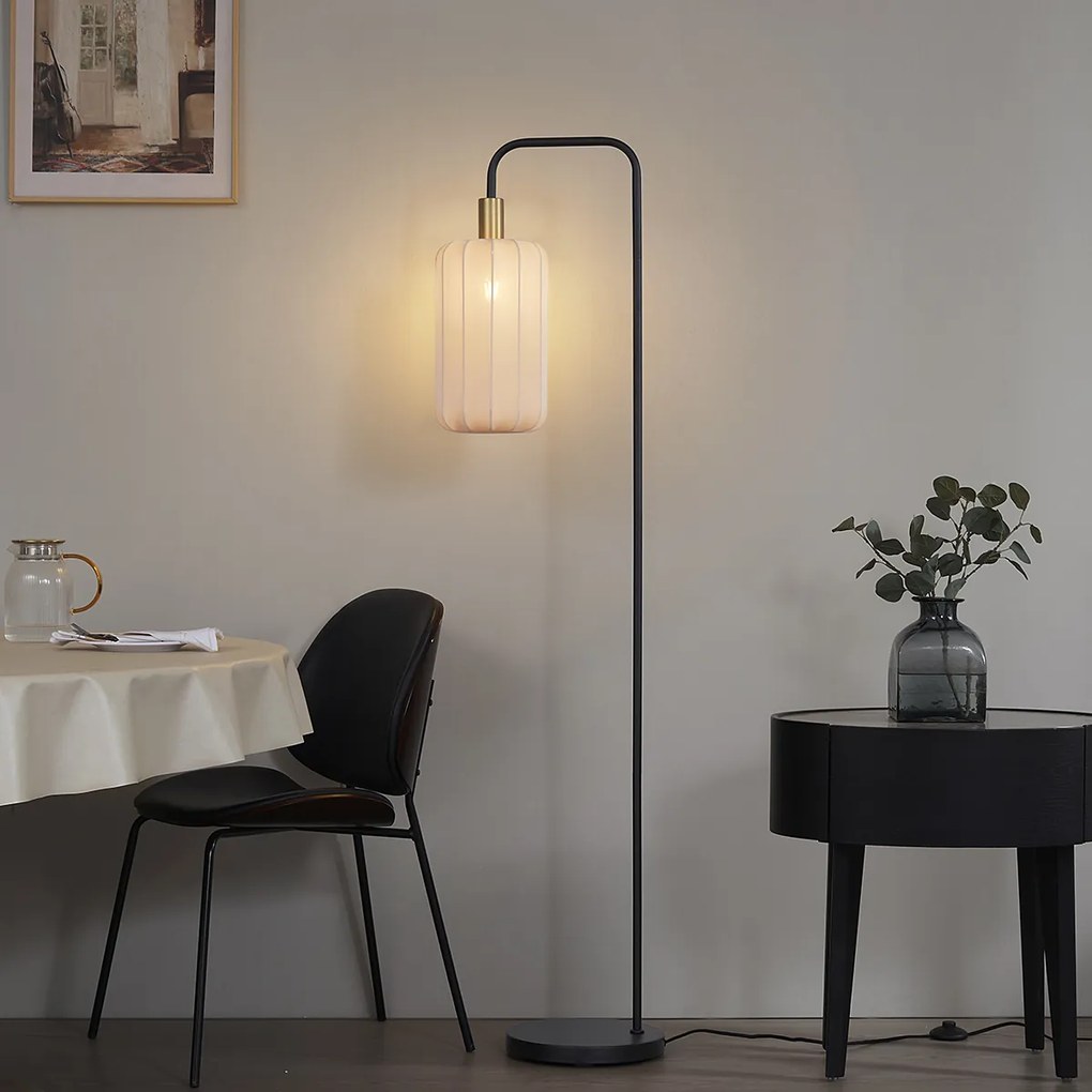 Japandi подова лампа черна със златист и бежов абажур - Pluni