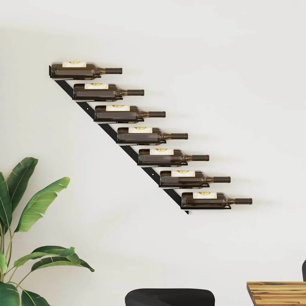 289564 vidaXL Стойка за вино за 7 бутилки, стенен монтаж, черна, метал