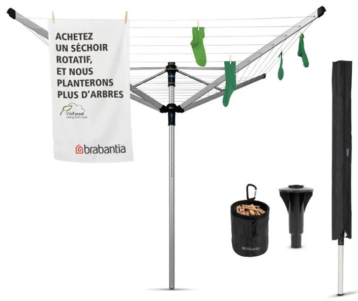 Външен простор Brabantia Lift-O-Matic Advance 90300253, 50 м, Регулируема височина, Котва за бетониране, Калъф, Торба с щипки, Резистентен на корозия, Инокс