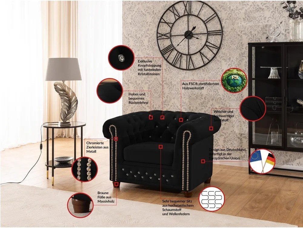 Черно кадифено кресло честърфийлд York Blik – Ropez