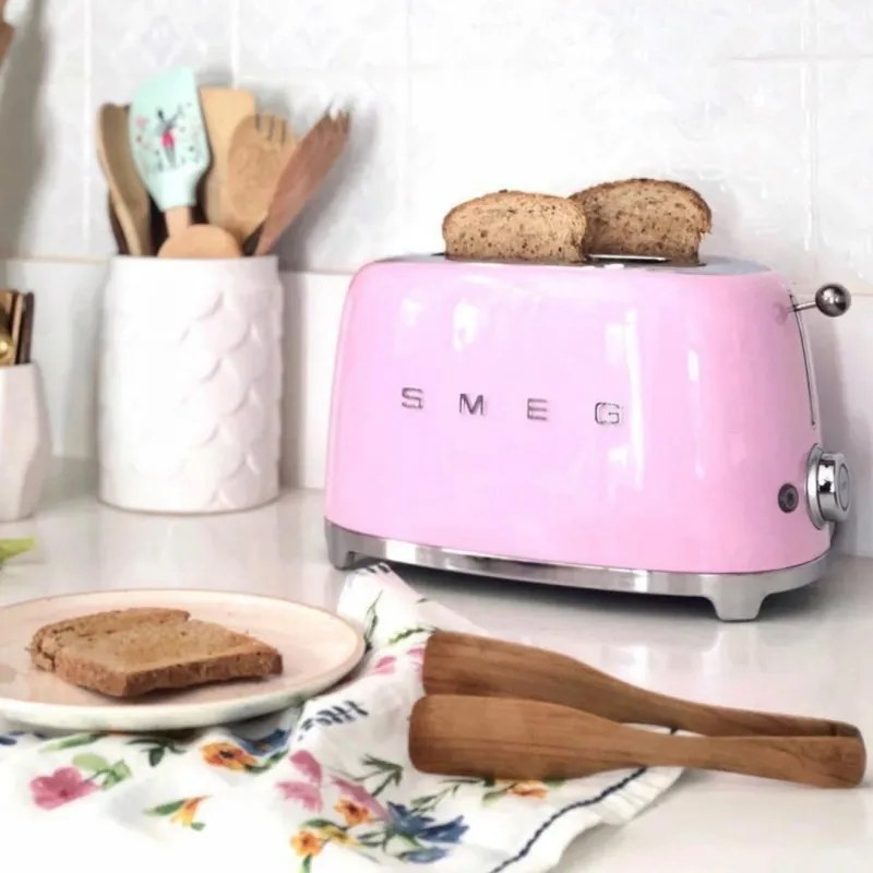 Тостер за хляб SMEG 50's Style TSF01PKEU, 950W, 2 филии, 6 нива, Тавичка за трохи, Вграден кабел, Неръждаема стомана, Розов