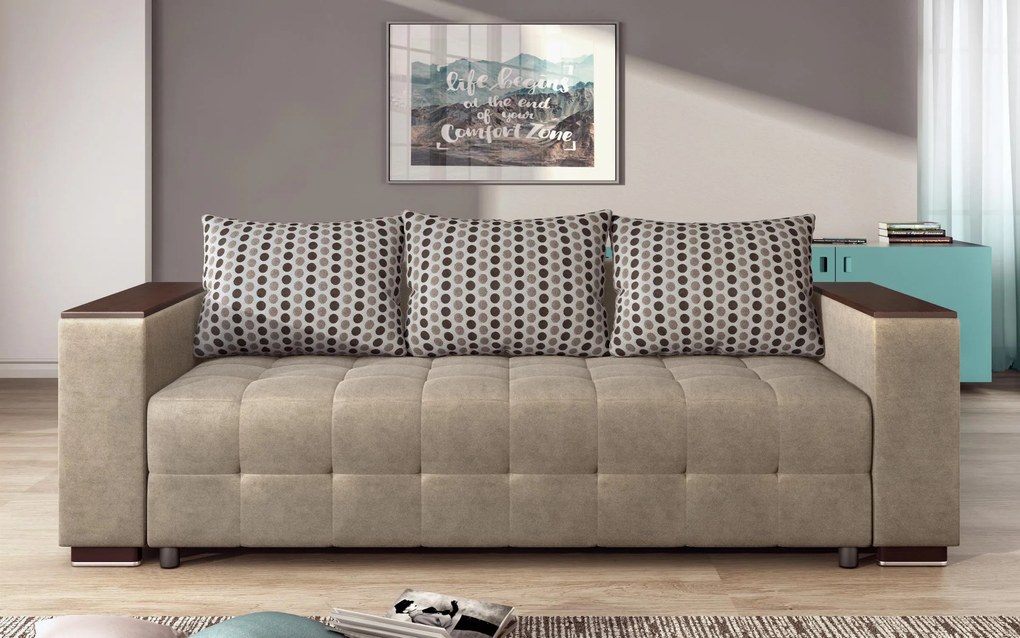 Разтегателно канапе с подлакътник етажерка Мелвин