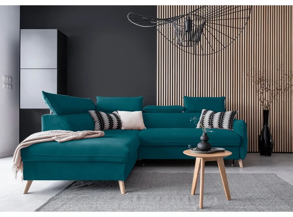 Ъглов разтегателен диван от тюркоазено кадифе (ляв ъгъл) Sweet Harmony - Miuform