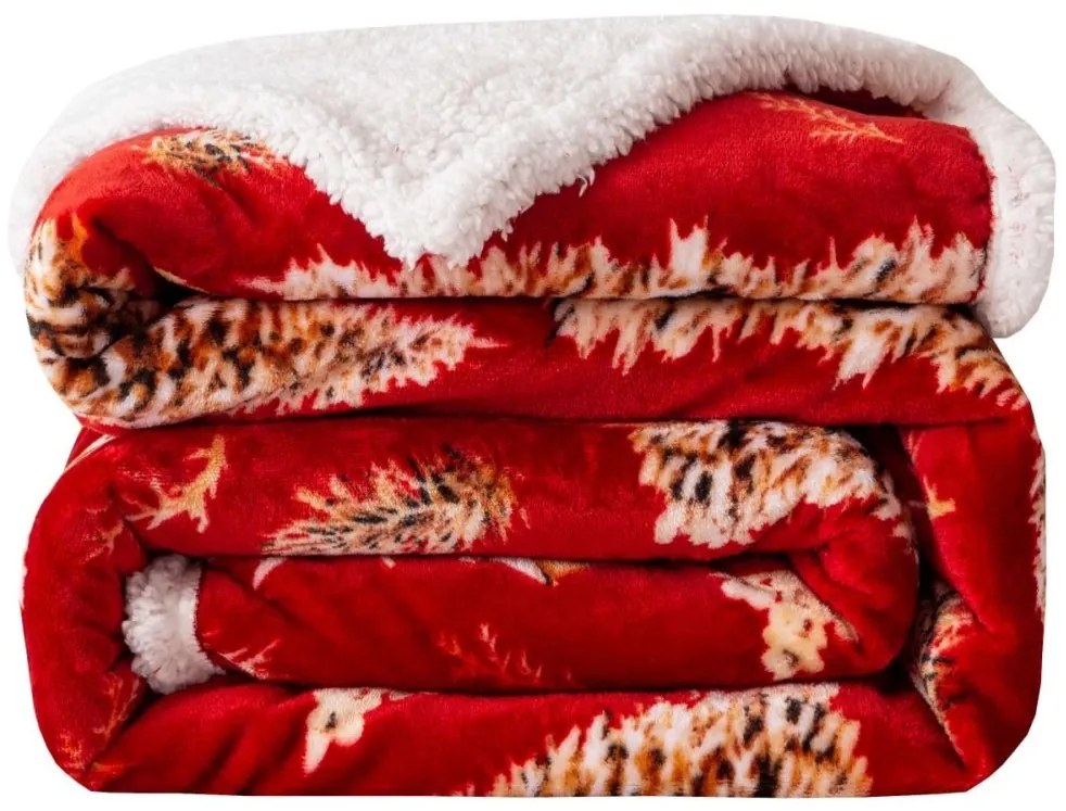 Коледно червено одеяло с мотиви на агне и дърво - топло двустранно одеяло Ширина: 160 см | Дължина: 200 см