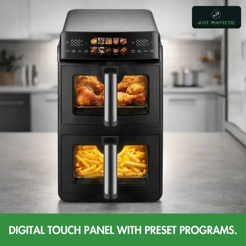 Двоен фритюрник с горещ въздух Just Perfecto JP-AF10DB, 2600 W, 10 л, 10 програми, 80-200 C, Rapid Hot Air Circulation, Синхронизирано готвене, Черен