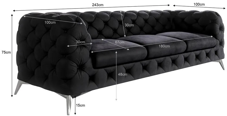 Черен кадифен диван 243 cm Chelsea – Ropez