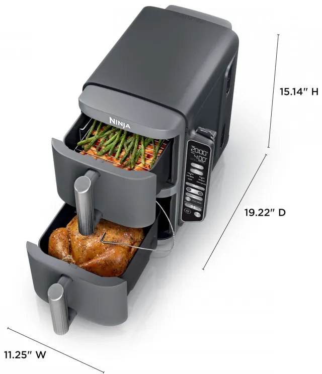 Двоен фритюрник с горещ въздух Ninja SL451EU, 2470W, 9.5 л, Цифров термометър, 2 кошници, 6 програми, Max Crisp, Sync & Match, Сив