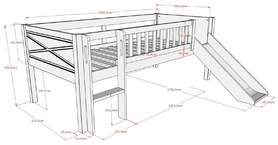 Бяло повдигнато детско легло от масивен бор с включена подматрачна рамка 90x200 cm Scott – Vipack