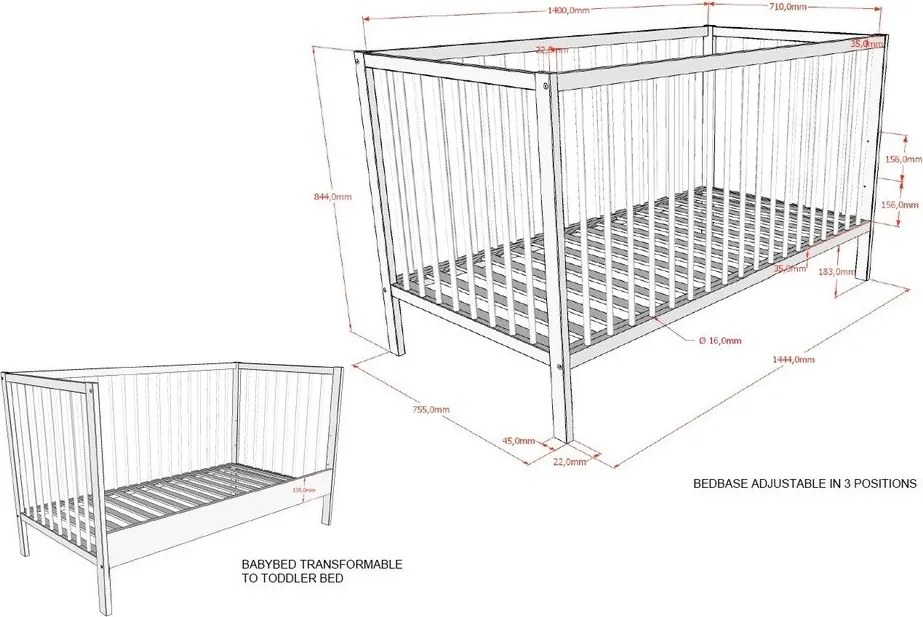 Кафяво детско креватче 70x140 cm от масивен бук с подвижна странична част/с регулируема височина Dino – Vipack