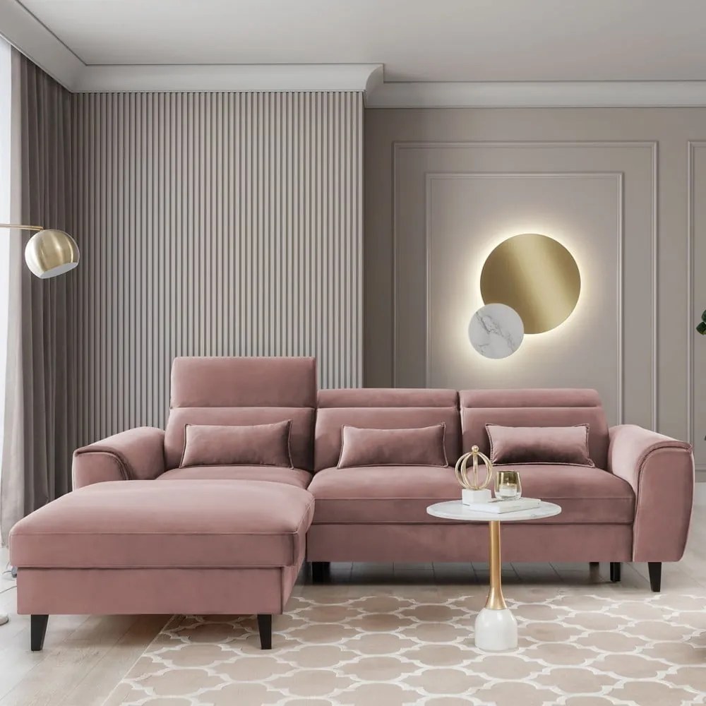 Розов кадифен разтегателен ъглов диван с място за съхранение (ляв ъгъл) Foble – ELTAP