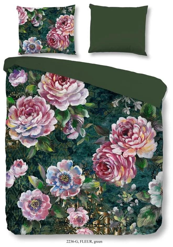 Зелено единично удължено памучно спално бельо 140x220 cm Fleur – Good Morning