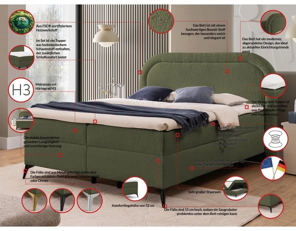 Зелено боксспринг легло 140x200 cm с място за съхранение Ornes – Ropez