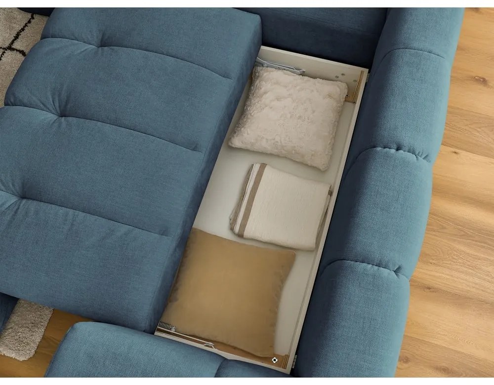 Син сгъваем/с място за съхранение ъглов диван (ляв ъгъл/L форма) Fuji – Bobochic Paris