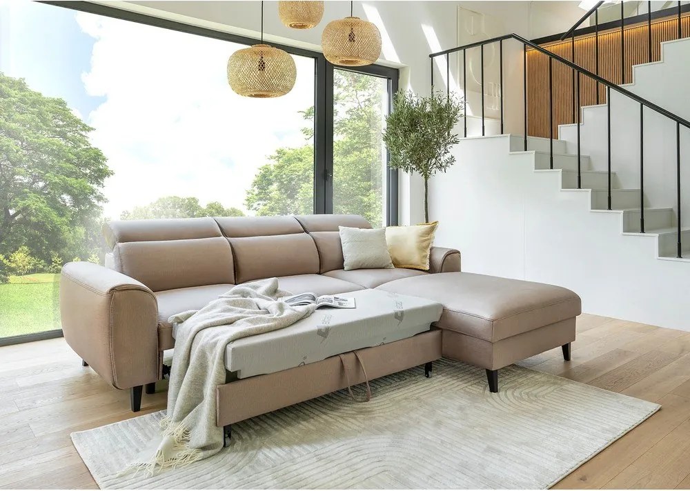 Светлокафяв кадифен разтегателен ъглов диван с място за съхранение (десен ъгъл) Foble – ELTAP