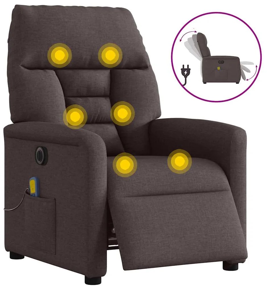 3303027 vidaXL Електрически масажен наклоняем стол, тъмнокафяв, текстил