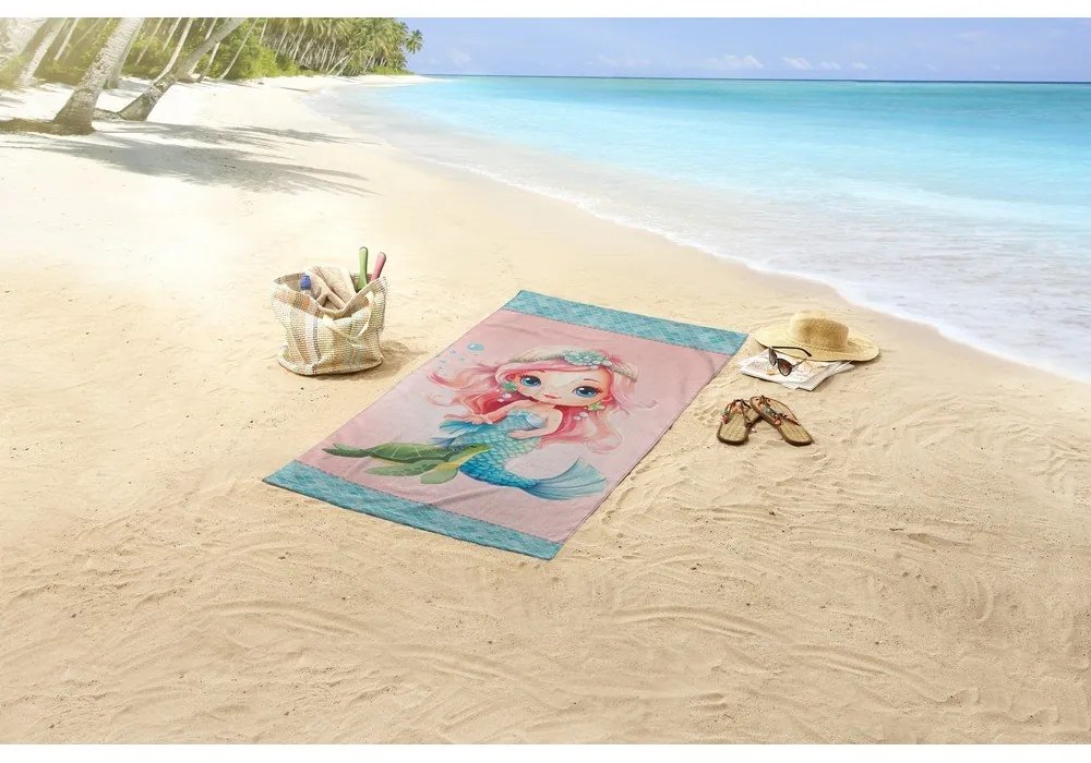 Синя-розова детска кадифена плажна кърпа 75x150 cm Alisse – Good Morning