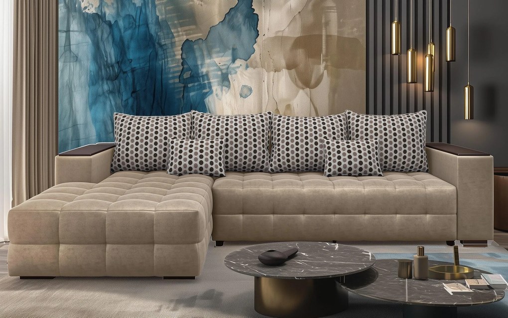 Разтегателен ъглов диван с подлакътник етажерка Мелвин