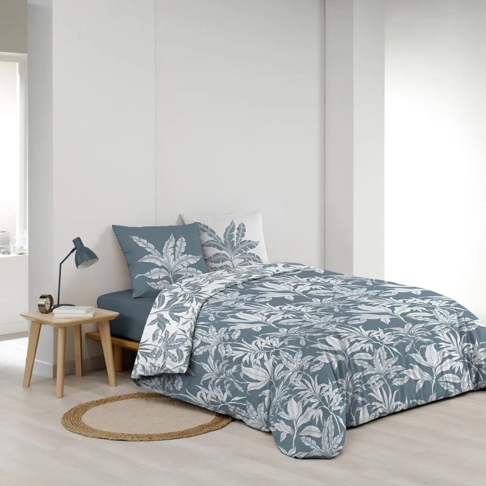 Бяло/синьо двойно удължено памучно спално бельо 240x220 cm Hera – douceur d'intérieur