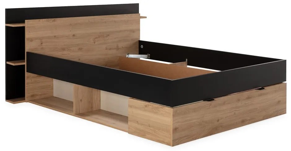 Черно-естествено двойно легло 160x200 cm от декор от дъб с място за съхранение без ламелно дъно Albo – Marckeric