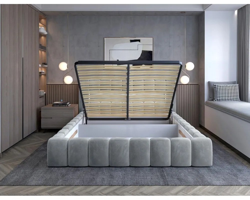 Светлосиво двойно легло 160x200 cm тапицирано с място за съхранение с включена подматрачна рамка Lamica – ELTAP