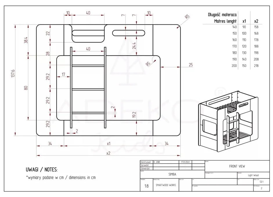 Двуетажно легло за деца 70x160 cm Simba - Adeko