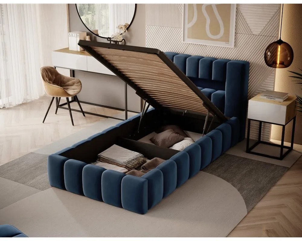 Тъмносиньо единично тапицирано легло с място за съхранение и включена подматрачна рамка 90x200 cm Lamica – ELTAP