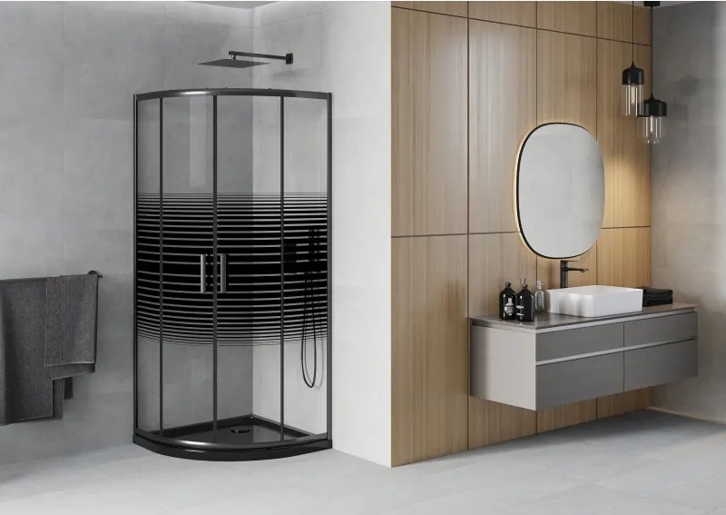 Mexen Rio душ кабина полукръгла 80 x 80 см, черни ленти, черна + корито Flat, черно - 863-080-080-70-20-4170B