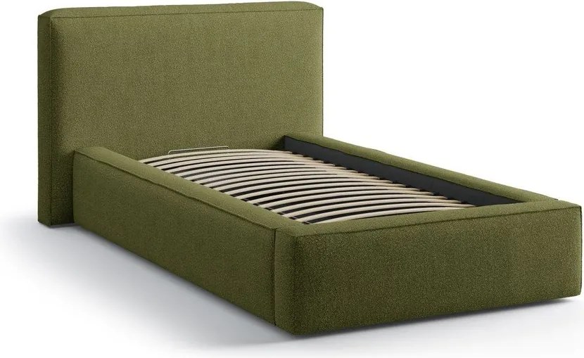 Зелено единично легло 90x200 cm тапицирано с място за съхранение с включена подматрачна рамка Jodie – Micadoni