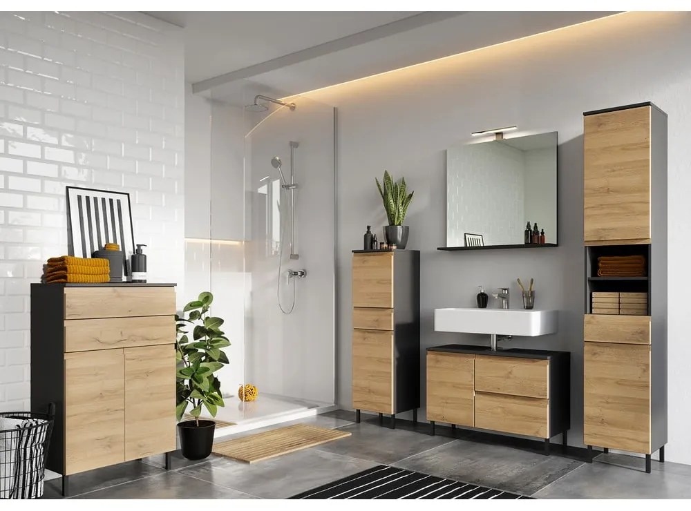 Тъмно сив висок шкаф за баня от дъб 34x120 cm Salinas - Germania