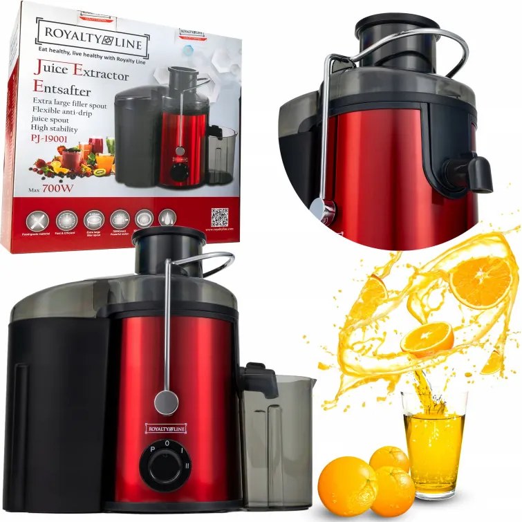 Разопакован: Сокоизстисквачка Royalty Line PJ-19001, 700W, 2 скорости+Pulse, 0.450 ml, Система против капене, Червен