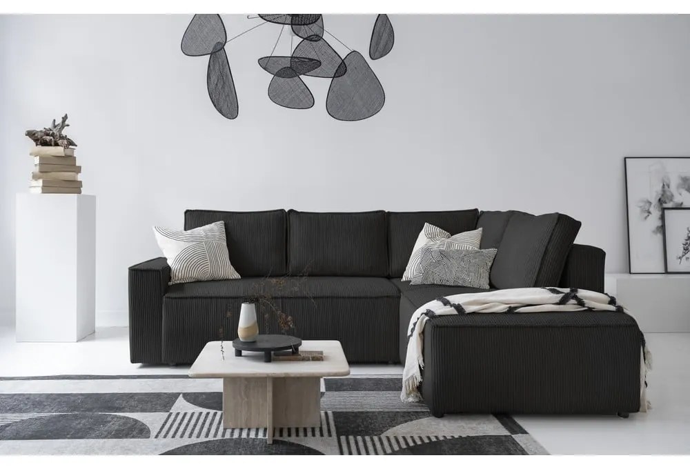 Антрацитен разтегателен ъглов диван от рипсено кадифе (десен ъгъл) Brave Dave – Miuform