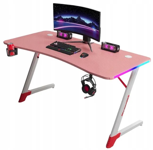 Розова геймърска PC маса с RGB LED осветление Šírka: 120 cm