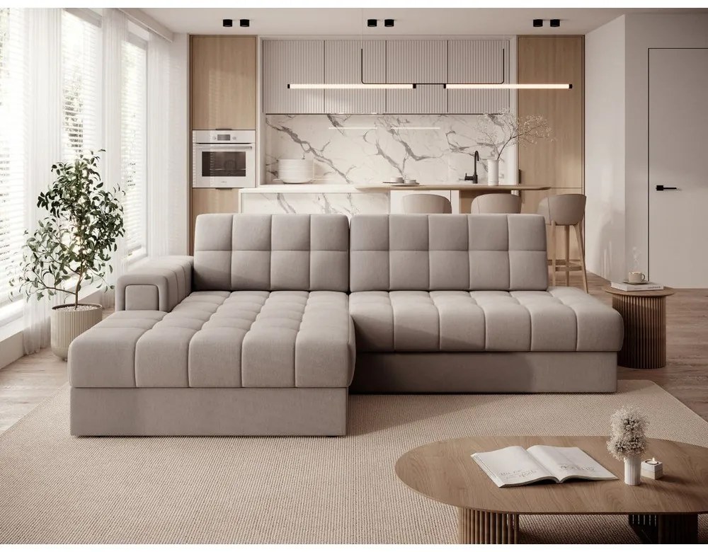 Бежов кадифен разтегателен ъглов диван (ляв ъгъл) Blezalt – ELTAP