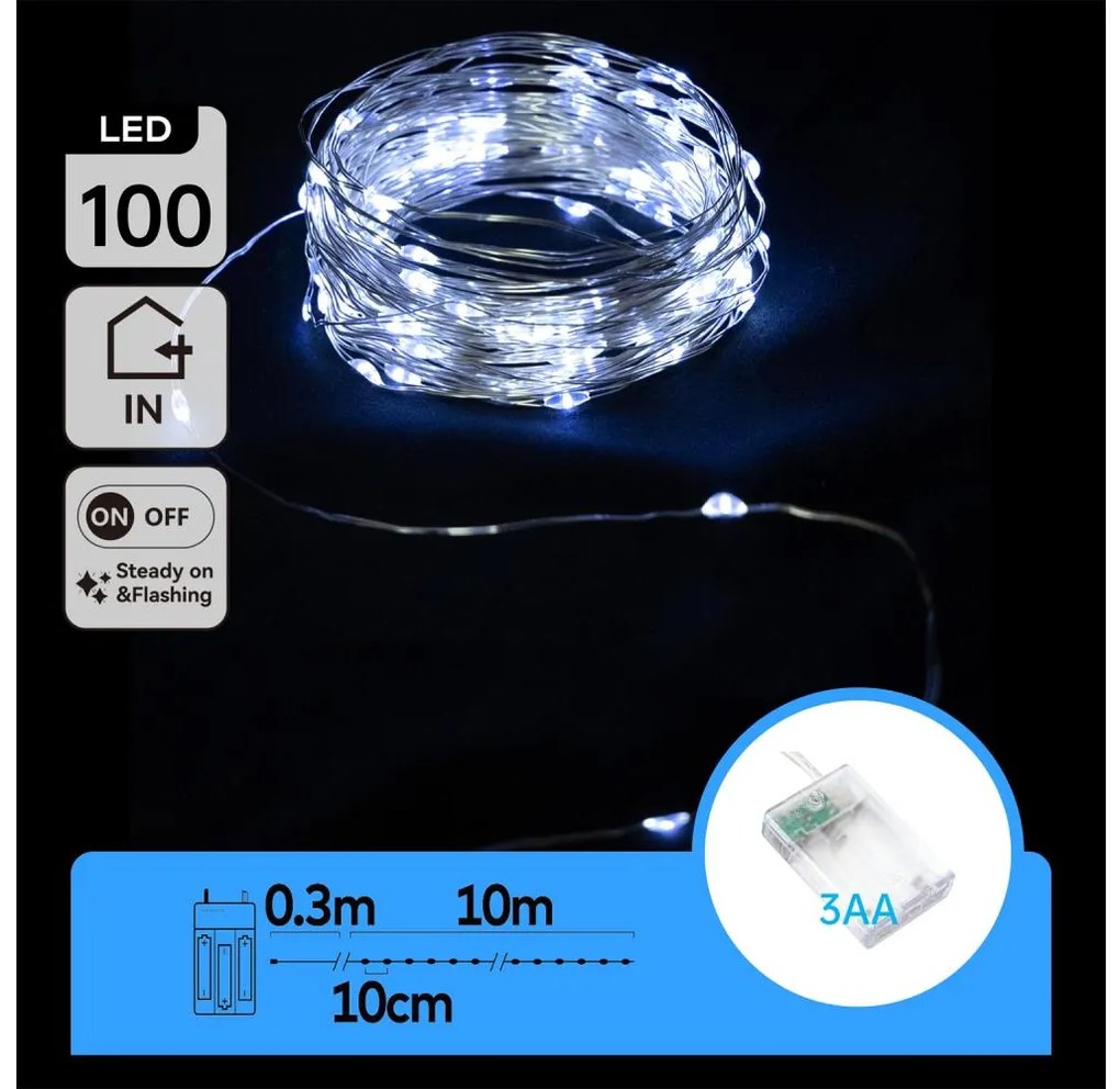 Aigostar LED коледен гирлянд 100 LED, 10,3м, студена бяла, 3xAA