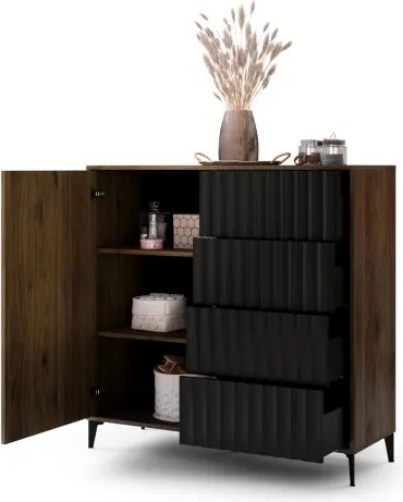 Скрин РИМИНИ К-123С Елегантен Орех/Черно - МОДЕРЕН ШКАФ С ЧЕКМЕДЖЕТА И НАБРАЗДЕНИ ФРОНТОВЕ