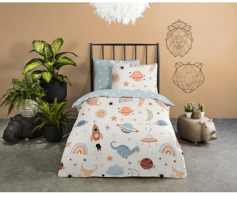 Синьо -бежово единично памучно детско спално бельо 140x200 cm Eclips – Good Morning