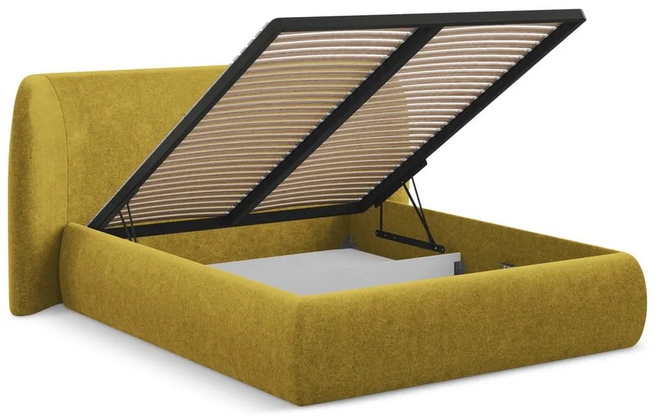 Двойно тапицирано легло с място за съхранение и включена подматрачна рамка 160x200 cm в цвят горчица Hauke – Makamii